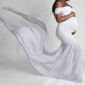 Maternity Photo Shoot Dress Gown Off Shoulder with Long Train Light Gray S-M-L